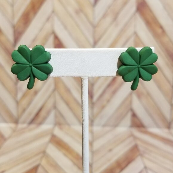 Four-Leaf Clover Stud Earrings, Dark Green - Picture 1 of 3